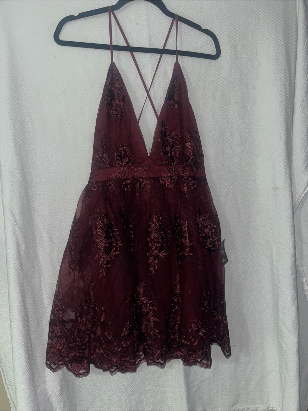 Lulu's Deep Burgundy Lace Mini Dress with Crisscross Straps